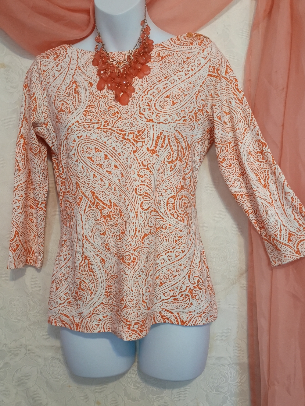 J. McLaughlin Ladies Orange and White Paisley Knit Top Sz XS